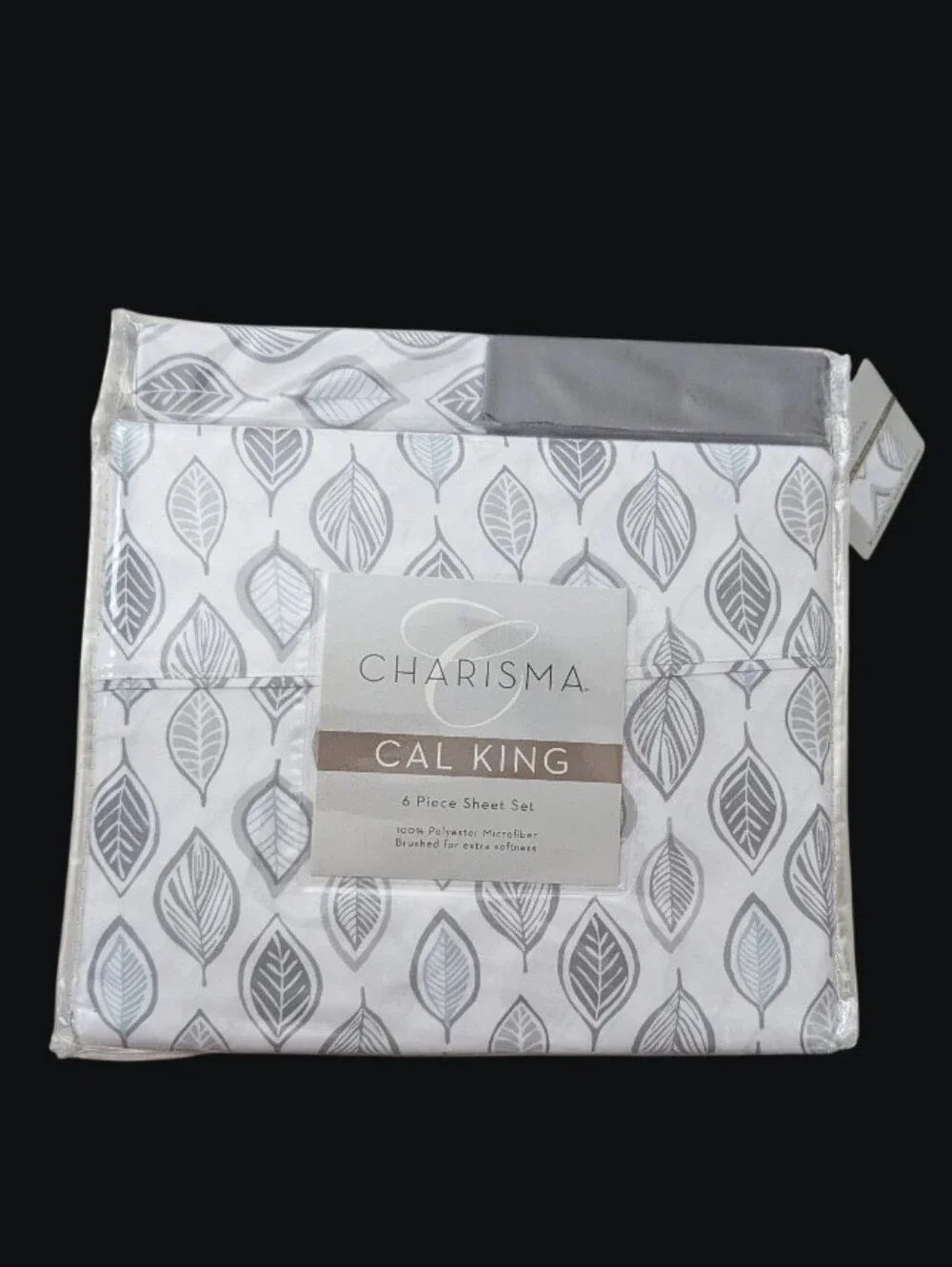 Charisma Microfiber Cal King 6- Piece Sheet Set Leaves Grey